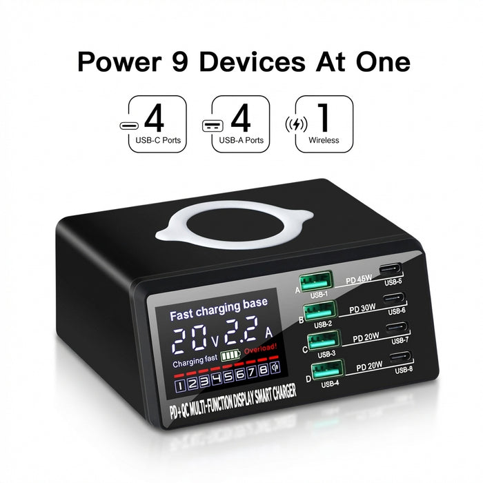 110W 8-Port USB Charging Station — 45W PD USB-C, QC3.0 & 15W Wireless (GaN)