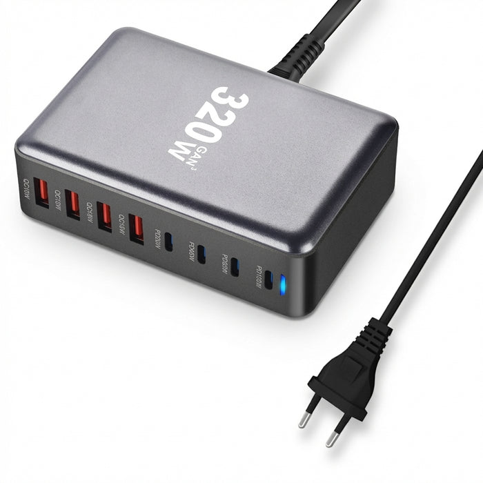 320W GaN Desktop Charger — 8‑Port USB‑C & USB‑A PD Station (Model 4C4A)
