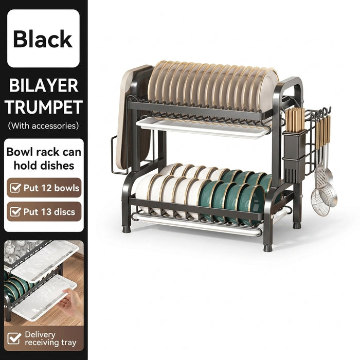 2/3-Tier Stainless Steel Dish Rack with Utensil Holder — Compact Rustproof Countertop Drainer