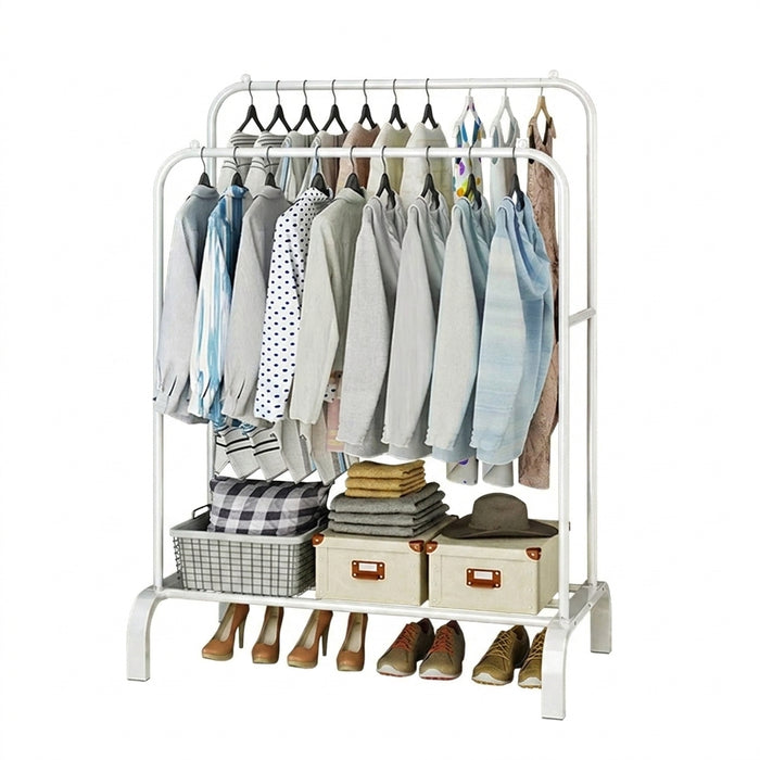 Double-Rail Standing Clothes Rack with Shoe Shelf – Metal Rail for Bedroom & Living Room