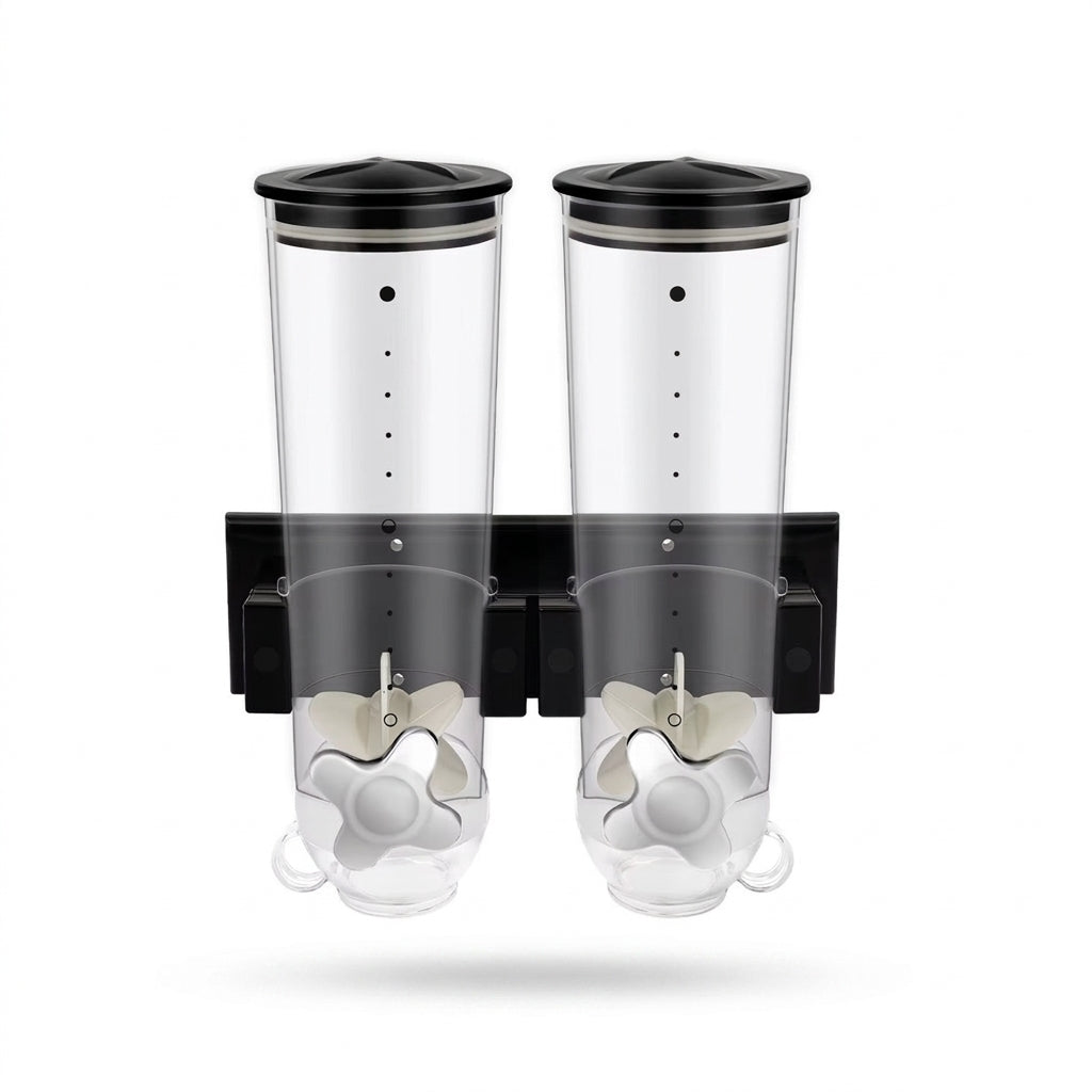 3L Wall‑Mounted Double Cereal Dispenser — Black with Measuring Cups